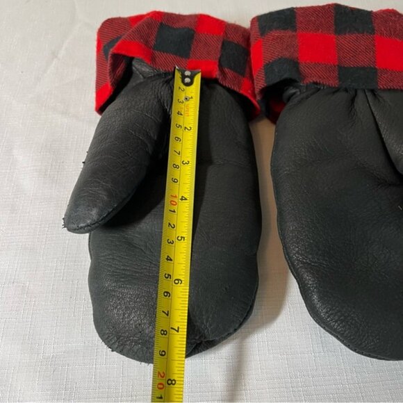 HIDES IN HAND Deerskin Black Leather Mittens with Red Plaid Cuff Small Medium - Picture 5 of 8